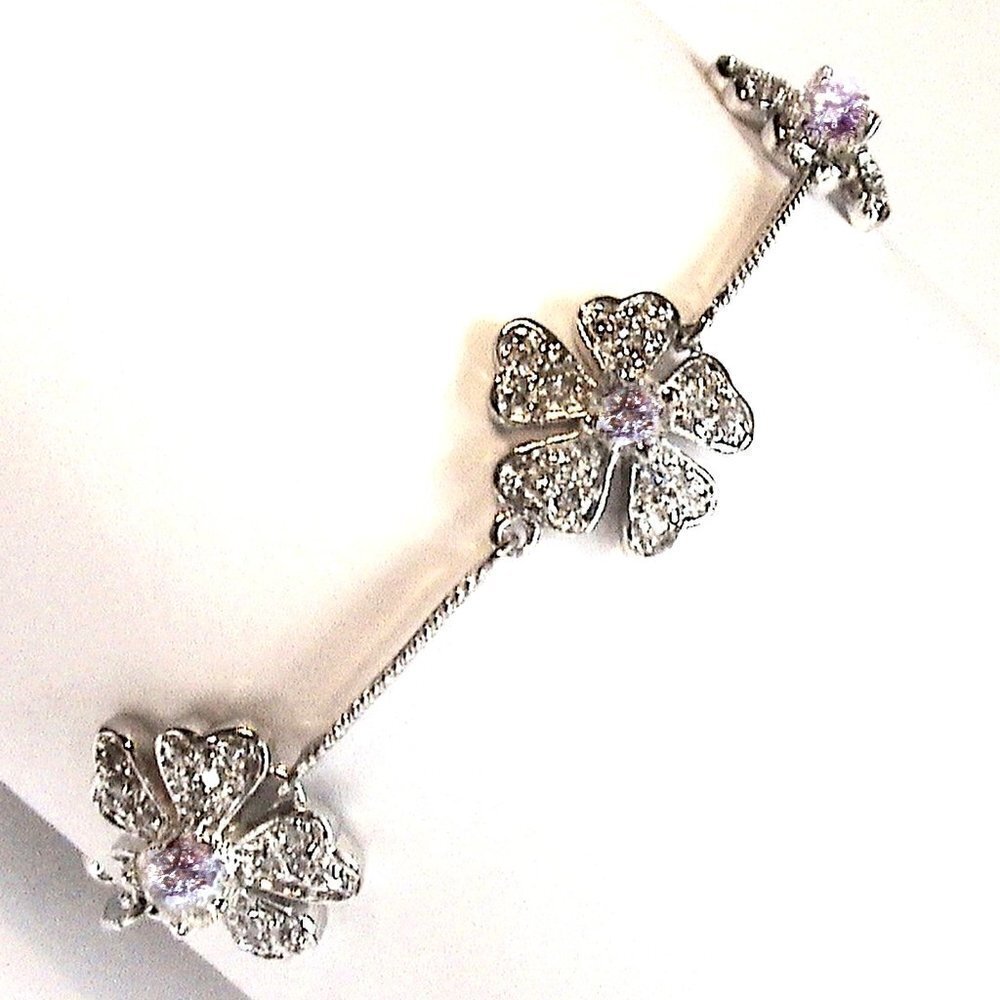 Pretty Womens 7" Flower Girls Wedding Cubic Zirconia Cz Clear Floral Bracelet
